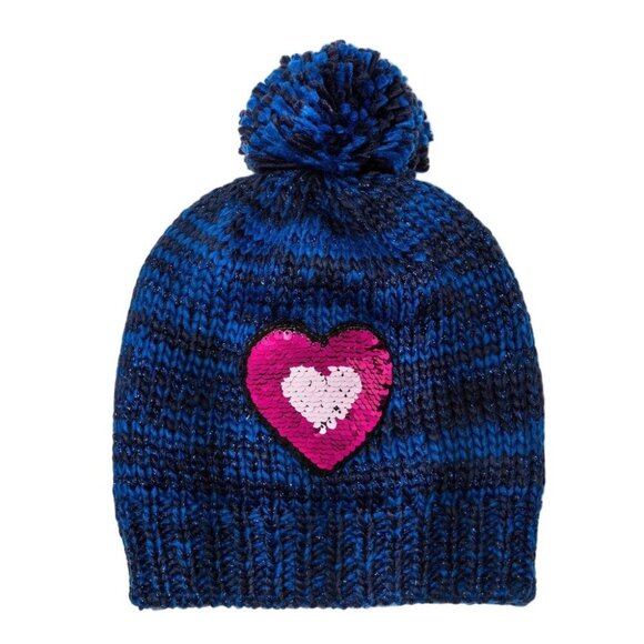 Girls Navy Blue Knit Beanie W/ Reversible Sequin Heart Patch & Pom - Picture 1 of 2